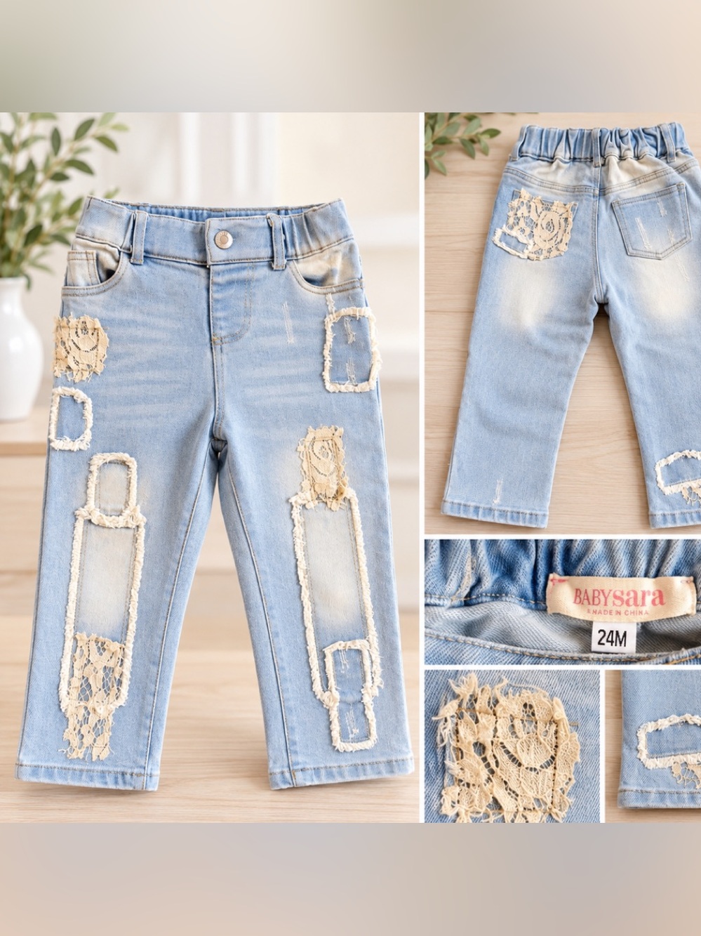 Baby Sara Girls 24M Boutique Distressed Lace Patch Light Wash Jeans Blue